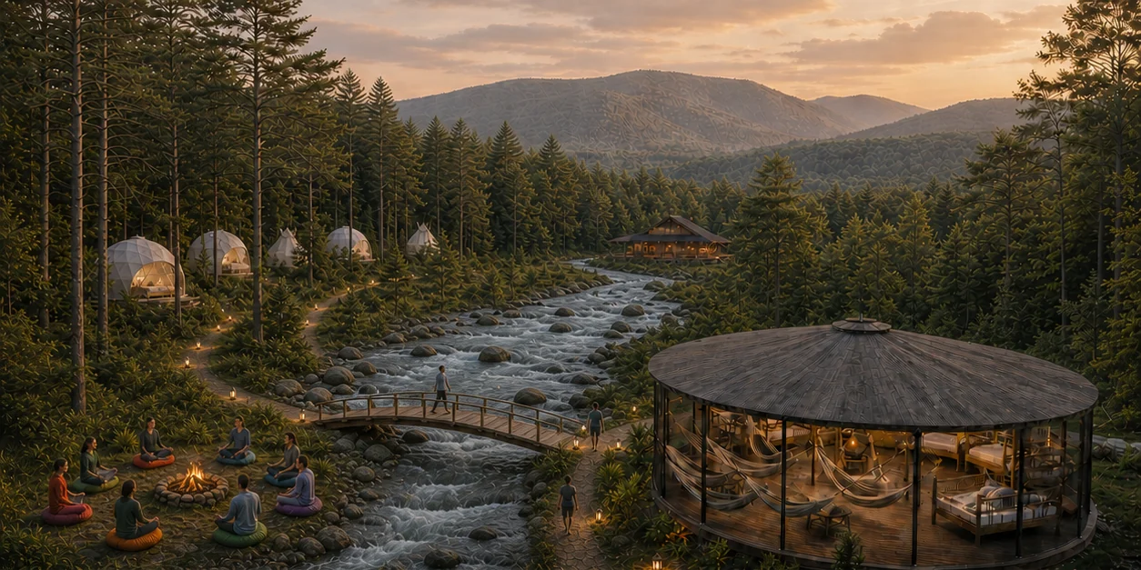 Concept visualization of a Catskills meditation retreat with forest glamping, a zendo-style hall, a wide flowing creek, waterfalls, a wooden bridge, and a fireside meditation circle