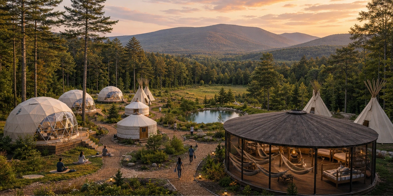 Concept visualization of a Catskills meditation retreat with geodesic domes, yurts, teepees, a screened hammock pavilion, pine forest, pond, and mountains