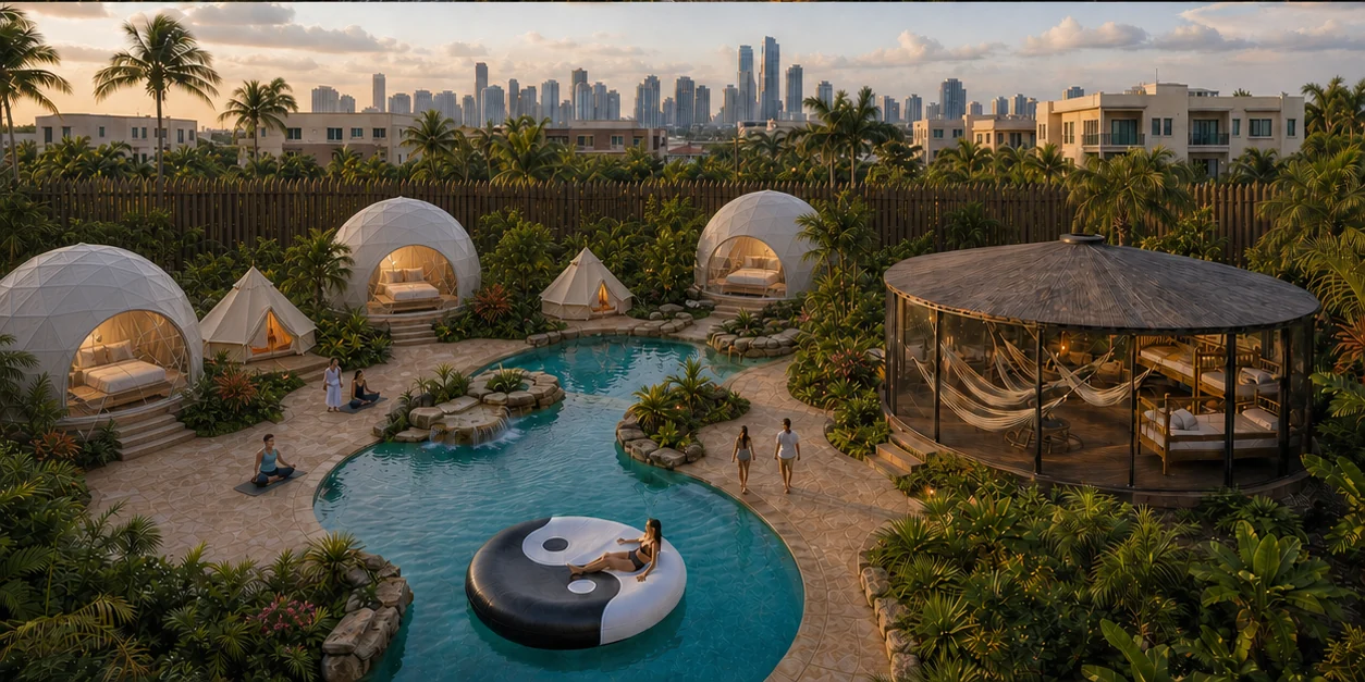 Concept visualization of an inland Miami meditation retreat with semi-covered glamping domes, canvas tents, a lagoon pool, screened hammock pavilion, neighborhood buildings, and Downtown Miami skyline