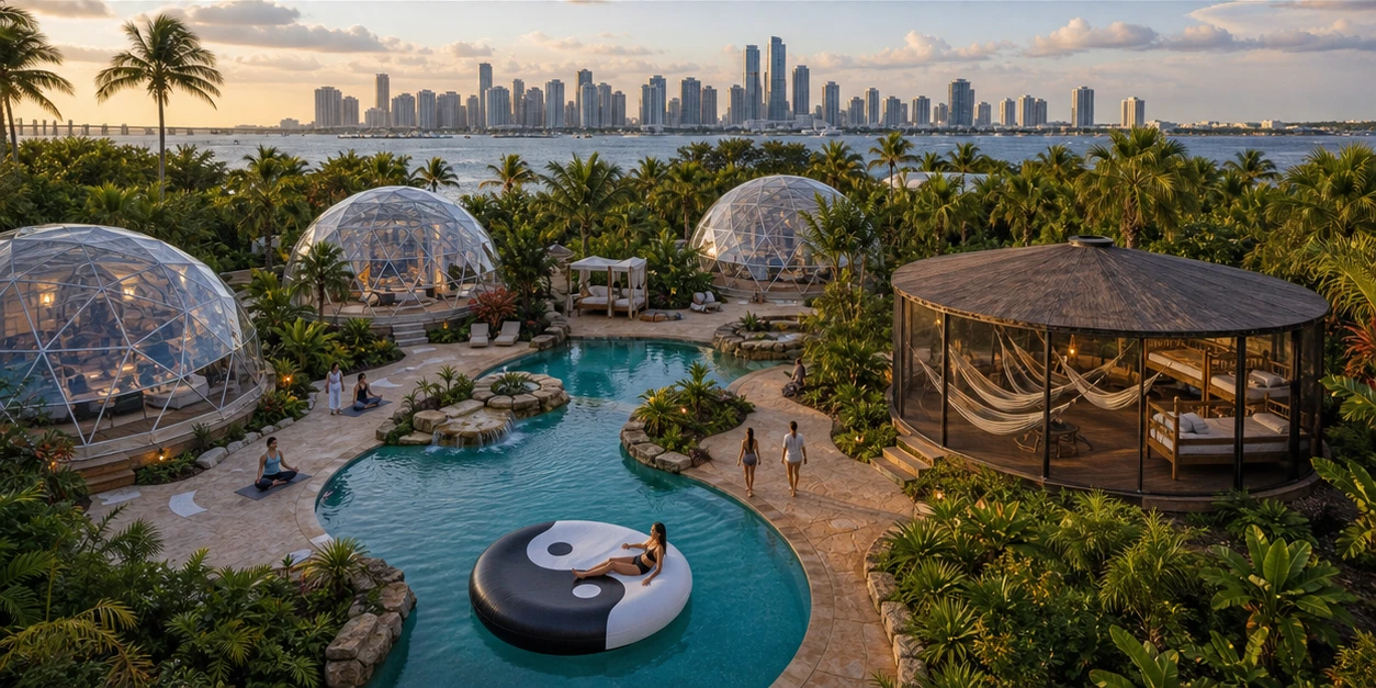 Concept visualization of a Miami meditation retreat with geodesic domes, lagoon pool, yin-yang float, screened hammock pavilion, and Downtown Miami skyline